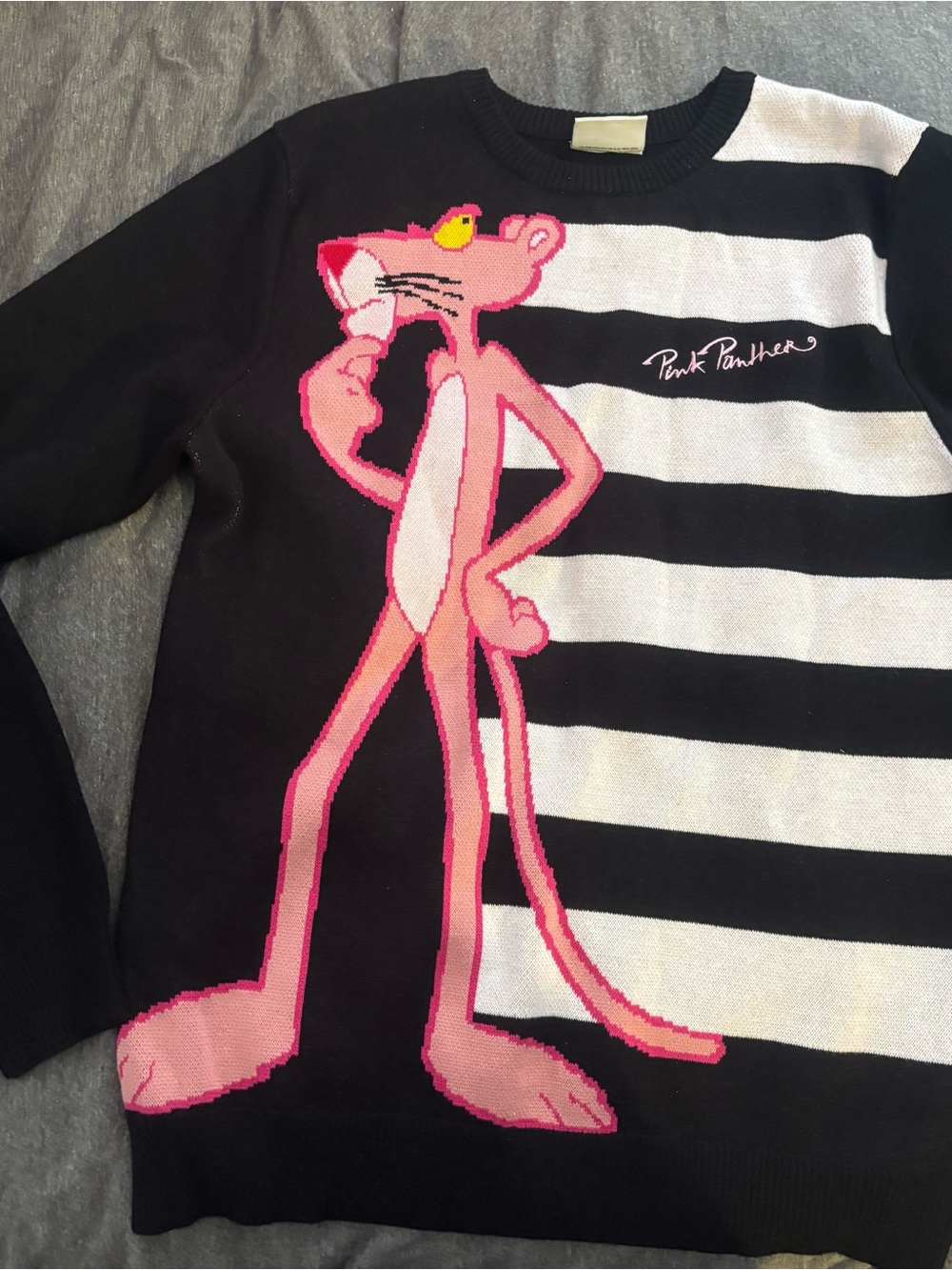 Warner Bros. Pink Panther Black & White Striped Crewneck Sweater